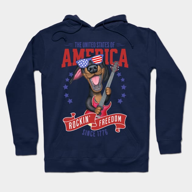 Cute and Funny Doxie Dachshund Dog with Red white and Blue sunglasses Fur Baby Rockin Freedom Hoodie by Danny Gordon Art